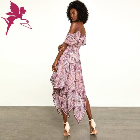 BCBG Max Azria Tibetan Red Paisley Print Cold Shoulder Wrap Festival Dress - Picture 2 of 11